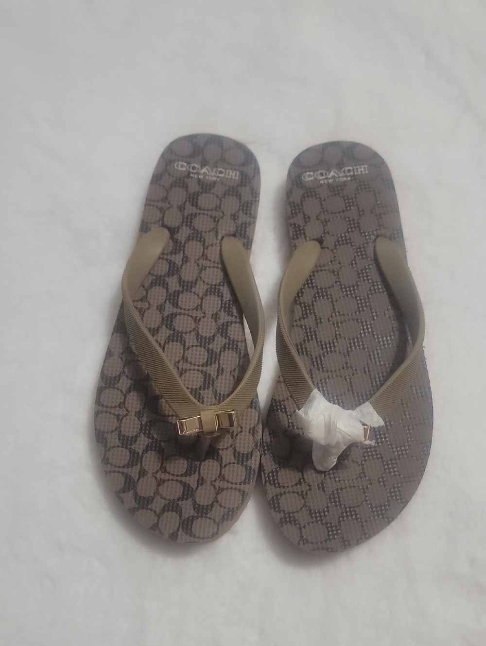 Coach Olive Brown Logo Flip Flop Sandals with Gold Accent